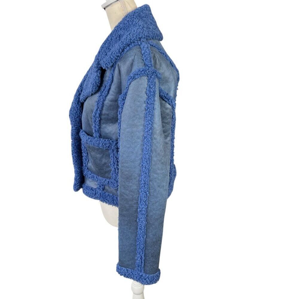 Avec Les Filles Anthropologie Boxy Cropped Fabric Mix Coat Faux Suede Blue Size - Picture 2 of 9